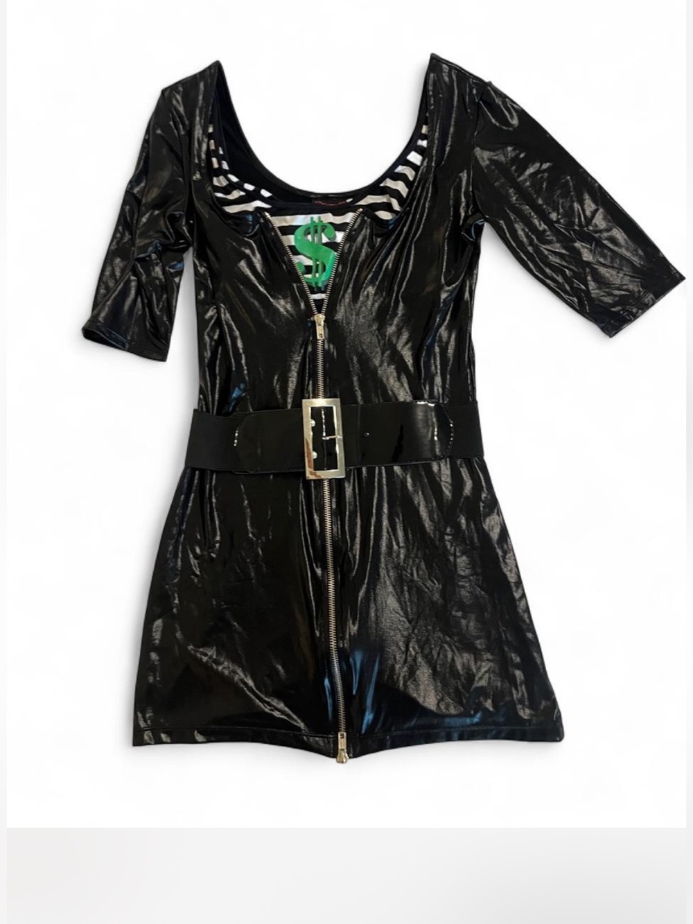 Dreamgirl Buglar Costume Shiny Black Zip-Front Mini Dress with Wide Belt